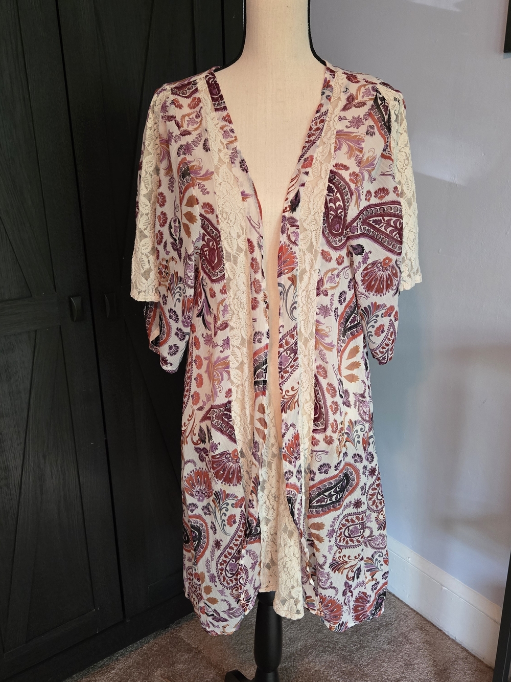 American Eagle Outfitters Paisley Lace-Trim Kimono Sz XS/S Boho Western Festival